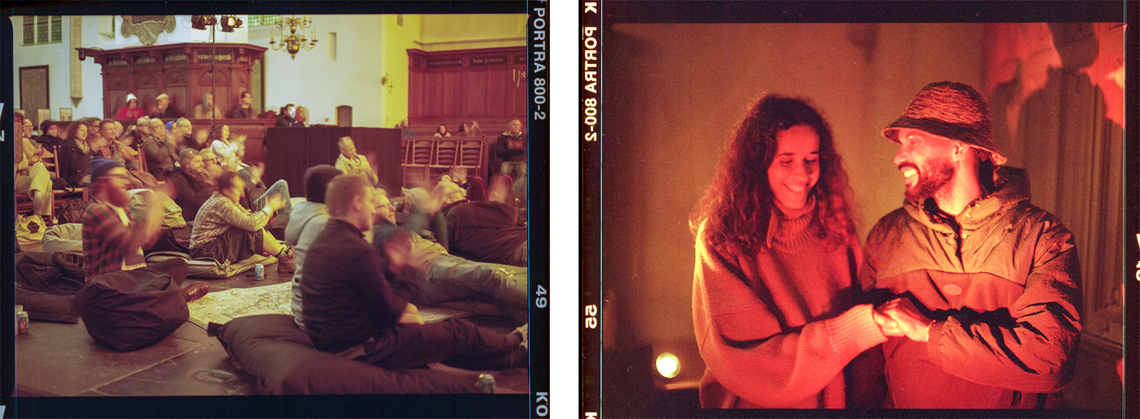 Two analog photos. The first photo shows people sitting on chairs and beanbags in a church applauding. The second photo shows a portrait of Alex Rita and Rohan Ayinde holding hands and laughing.